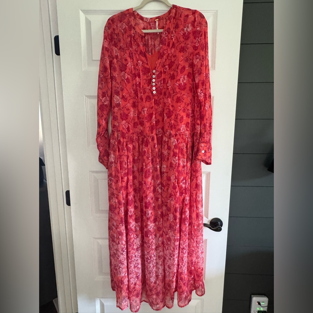 Free People Red Floral Long Sleeve Dress